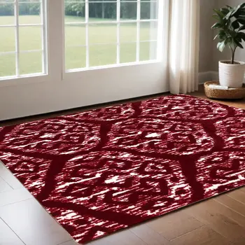 2' X 4' Red And White Ikat Tufted Washable Non Skid Area Rug