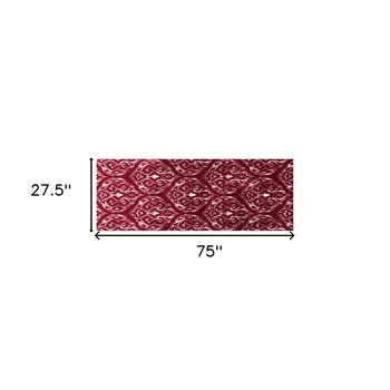 2' X 6' Red And White Ikat Tufted Washable Non Skid Area Rug