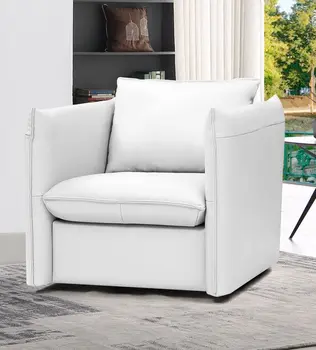 36" White And Silver Genuine Leather Swivel Lounge Chair