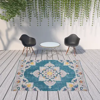 8' X 10' Blue And Ivory Indoor Outdoor Area Rug