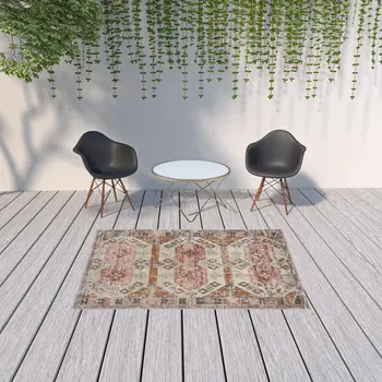 5' X 8' Cream Indoor Outdoor Area Rug