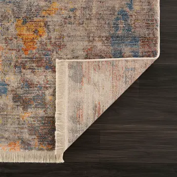 8' X 10' Gray Beige Blue And Yellow Abstract Power Loom Distressed Stain Resistant Area Rug