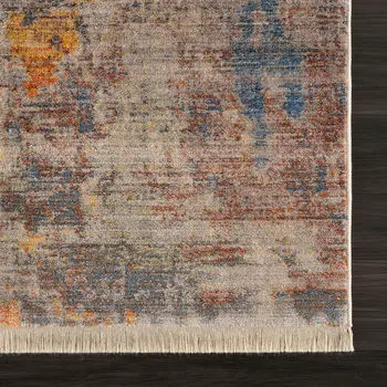 8' X 10' Gray Beige Blue And Yellow Abstract Power Loom Distressed Stain Resistant Area Rug