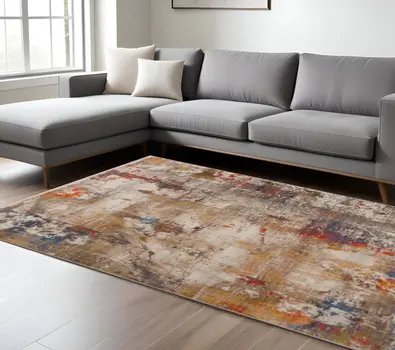 8' X 10' Gray And Ivory Abstract Power Loom Distressed Stain Resistant Area Rug