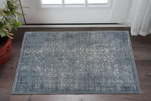 2' X 3' Blue Silver Gray And Cream Damask Distressed Stain Resistant Area Rug