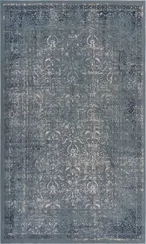 5' X 8' Blue Silver Gray And Cream Damask Distressed Stain Resistant Area Rug
