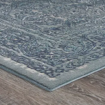 5' X 8' Blue Silver Gray And Cream Damask Distressed Stain Resistant Area Rug