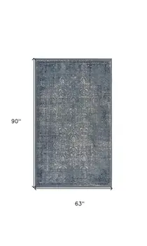 5' X 8' Blue Silver Gray And Cream Damask Distressed Stain Resistant Area Rug