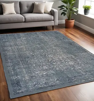 5' X 8' Blue Silver Gray And Cream Damask Distressed Stain Resistant Area Rug
