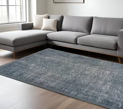 10' X 13' Blue Silver Gray And Cream Damask Distressed Stain Resistant Area Rug