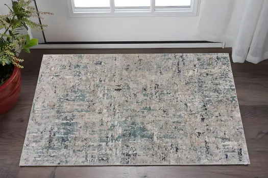 2' X 3' Gray Blue Taupe And Cream Abstract Distressed Stain Resistant Area Rug