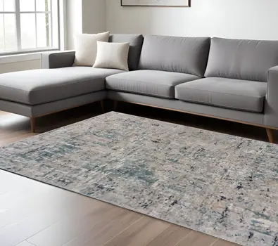 10' X 13' Gray Blue Taupe And Cream Abstract Distressed Stain Resistant Area Rug