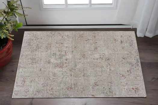 2' X 3' Gray And Ivory Geometric Distressed Stain Resistant Area Rug