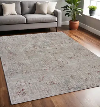 5' X 8' Gray Ivory Slate Blue And Wine Red Geometric Stain Resistant Area Rug