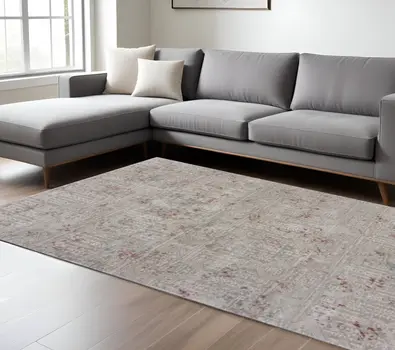 8' X 11' Gray Ivory Slate Blue And Wine Red Geometric Stain Resistant Area Rug