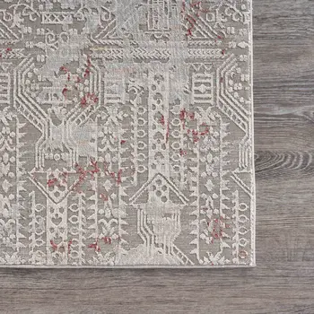 10' X 13' Gray Ivory Slate Blue And Wine Red Geometric Stain Resistant Area Rug
