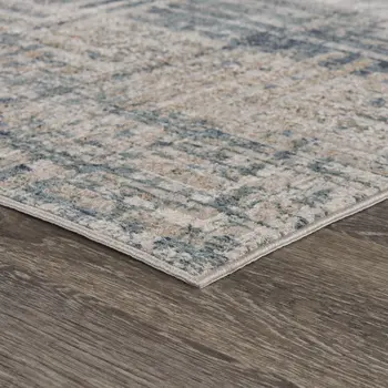 8' Cream Blue And Ivory Geometric Distressed Runner Rug
