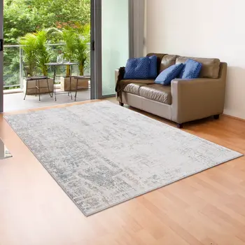 8' X 10' Gray Blue Taupe And Cream Abstract Distressed Stain Resistant Area Rug