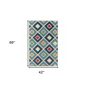 4' X 6' Blue And Ivory Handmade Indoor Outdoor Area Rug