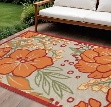 8' X 10' Orange And Ivory Indoor Outdoor Area Rug