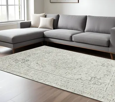 8' X 10' Ivory Gray And Taupe Floral Power Loom Stain Resistant Area Rug