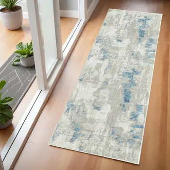 2' X 6' Ivory Gray And Blue Abstract Stain Resistant Area Rug