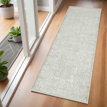 2' X 6' Ivory And Gray Floral Stain Resistant Area Rug