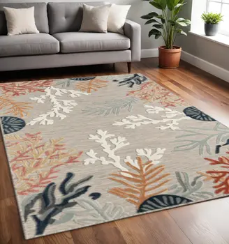 5' X 7' Grey Beige Orange Blue And White Coastal Coral Indoor Outdoor Area Rug