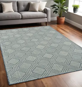 5' X 7' Light Blue And Navy Geometric Stain Resistant Area Rug