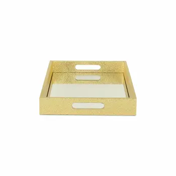 16" Gold Rectangular Wood Handmade Tray With Handles