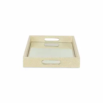 16" White Gold Rectangular Wood Handmade Tray With Handles