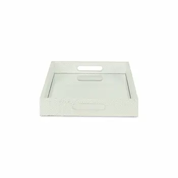 16" White Silver Rectangular Wood Handmade Tray With Handles