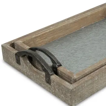 Set of Two Gray Metal Handmade Serving Tray With Handles