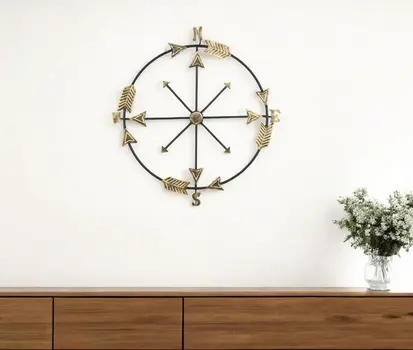 26" X 25" Brass and Black Metal Distressed Compass Wall Decor