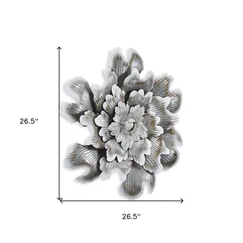 27" X 27" Gray and Off White Galvanized Metal Flower Hanging Dimensional Sculpture