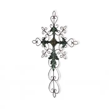 28" Green and Gold Metal Hanging Cross Wall Decor