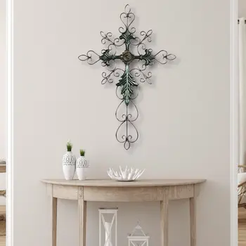 28" Green and Gold Metal Hanging Cross Wall Decor