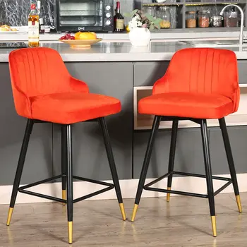 Set of Two 25" Orange And Black and Gold Steel Swivel Low Back Counter Height Bar Chairs
