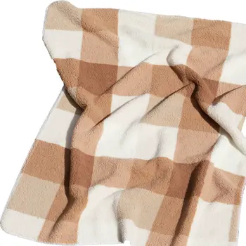 50" X 60" Ivory And Taupe Faux Sherpa Plaid Throw Blanket