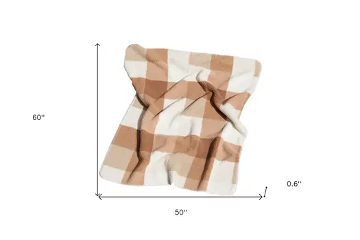 50" X 60" Ivory And Taupe Faux Sherpa Plaid Throw Blanket