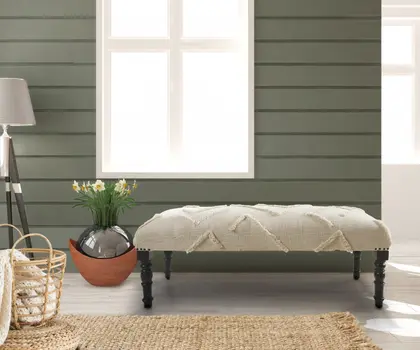47" Cream and Black Cotton Upholstered Geometric Bench