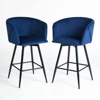 Set of Two 28" Blue And Black Velvet And Steel Low Back Bar Height Bar Chairs