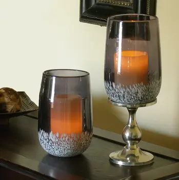 8" Gray And White Glass Tabletop Hurricane Candle Holder With Candle