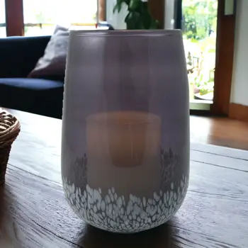 8" Gray And White Glass Tabletop Hurricane Candle Holder With Candle