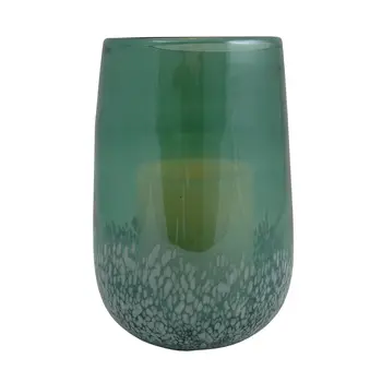 8" Green And White Glass Tabletop Hurricane Candle Holder With Candle