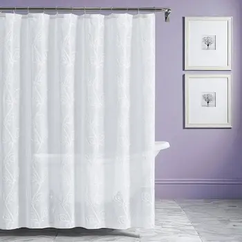 72" White Floral Faux Linen Shower Curtain With Embroidery