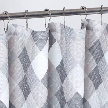 72" Gray And White Argyle Waffle Weave Fabric Shower Curtain and Hooks Set
