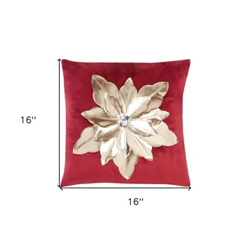 16" Red And Gold Christmas Poinsettia Velvet Throw Pillow