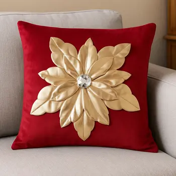 16" Red And Gold Christmas Poinsettia Velvet Throw Pillow