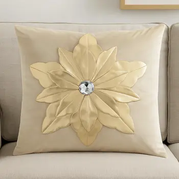 16" Beige And Gold Christmas Poinsettia Velvet Throw Pillow